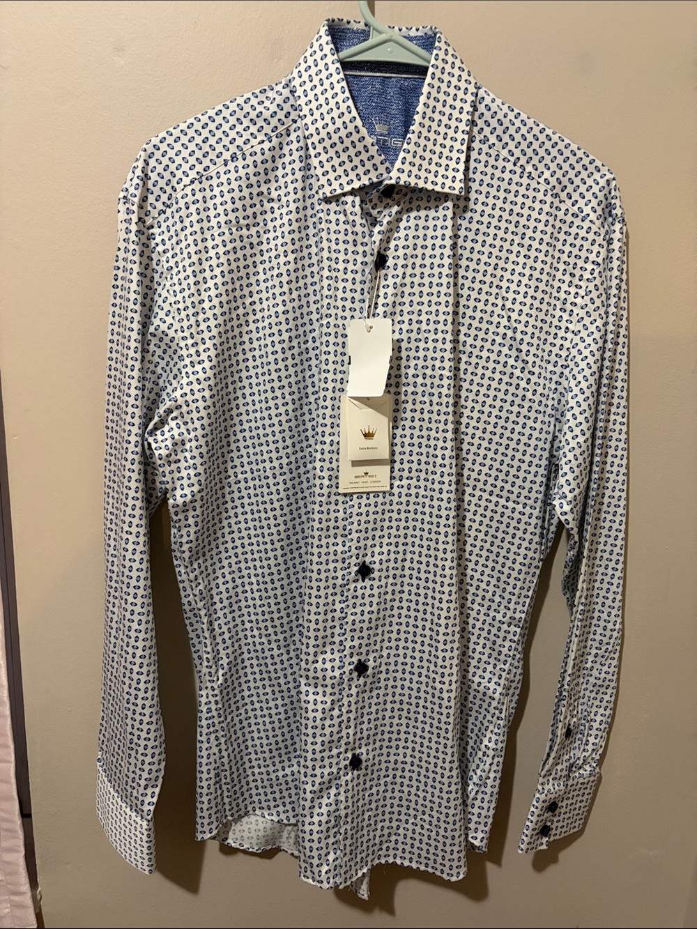 crown & ivy White Dress Shirt with Blue Microprint